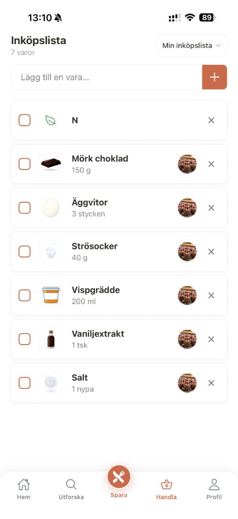 Recipi — inköpslista